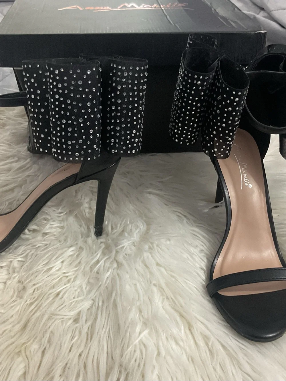 Anne Michelle Black Bow Ankle-Strap Heels with Studded Detail